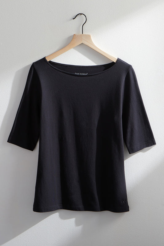 womens organic boat neck t-shirt - black - fair indigo fair trade ethically made