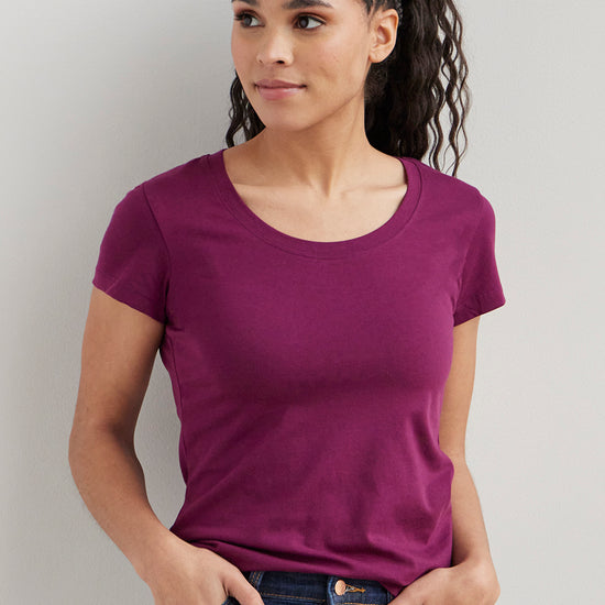 womens organic cotton scoop neck t-shirt - boysenberry magenta - fair indigo fair trade ethically made