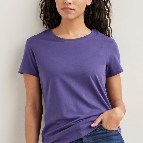 womens organic cotton relaxed crew neck tee - violet blue purple - fair indigo fair trade ethically made