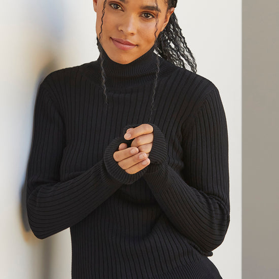 womens organic ribbed turtleneck sweater- black - fair trade ethically made