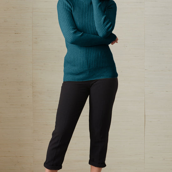 womens organic ribbed turtleneck sweater - deep teal green blue - fair indigo fair trade ethically made