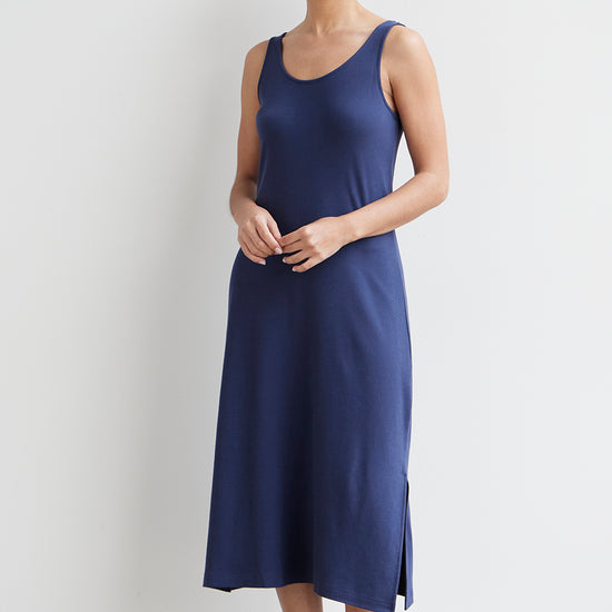 womens 100% organic cotton midi tank dress- midnight navy blue - fair trade ethically made