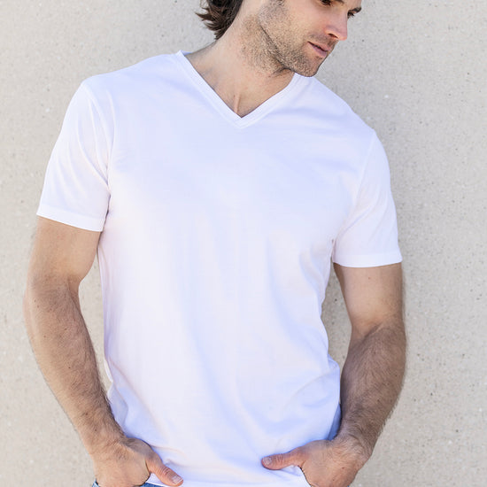 mens organic v-neck t-shirt - white - fair indigo fair trade ethically made
