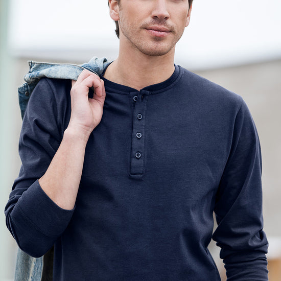 mens organic cotton long sleeve henley- midnight navy blue - fair trade ethically made