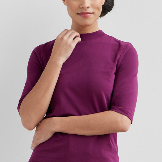 womens organic cotton half sleeve mock neck t-shirt - boysenberry magenta - fair indigo fair trade ethically made