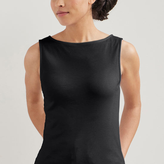 womens 100% organic cotton luxe sleeveless boat neck tee - black - fair indigo fair trade ethically made