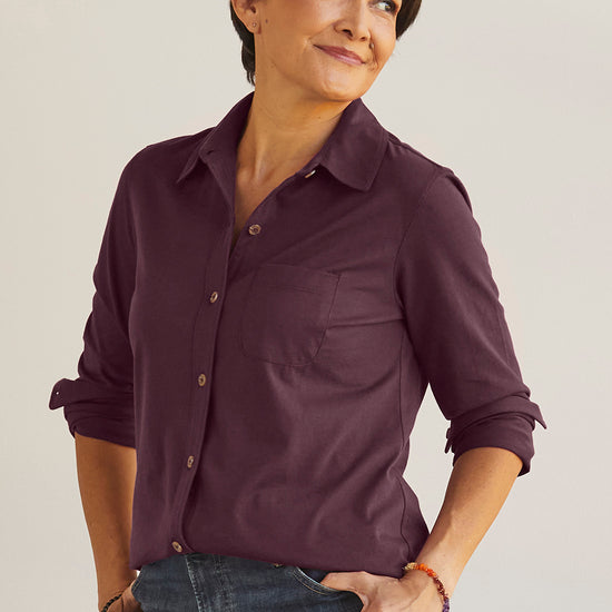 womens organic all cotton knit button down shirt- raisin purple - fair trade ethically made