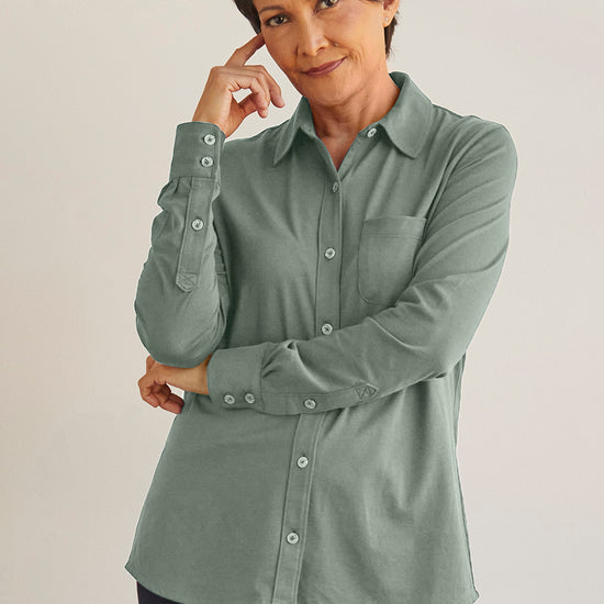 womens organic 100% cotton knit button down shirt- stone green - fair trade ethically made