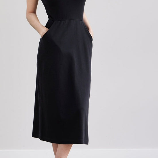 womens 100% organic pocket midi dress - black - fair indigo fair trade ethically made
