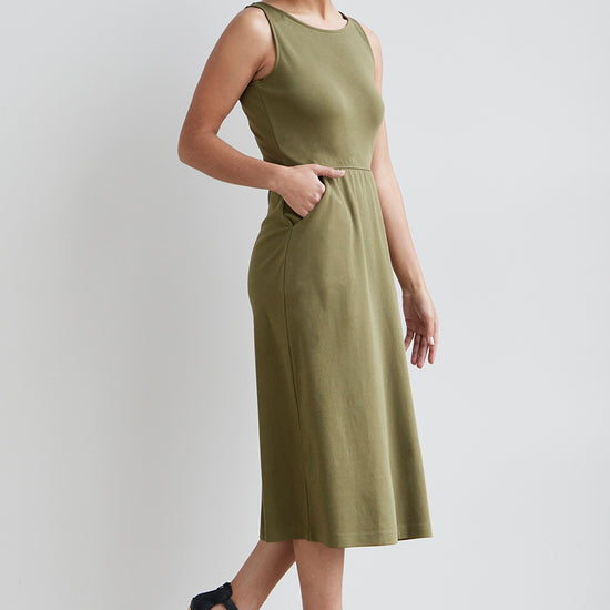 womens 100% organic cotton sleeveless midi dress - olive green - fair indigo fair trade ethically made