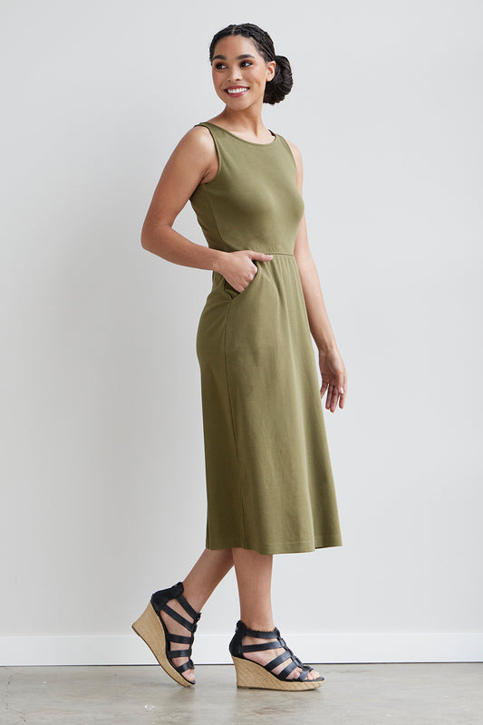 womens 100% organic cotton sleeveless midi dress - olive green - fair indigo fair trade ethically made