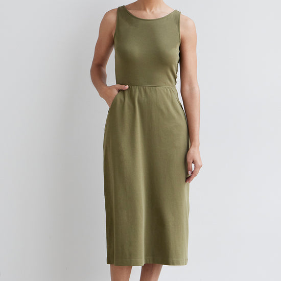 womens organic cotton sleeveless midi dress with pockets - olive green - fair indigo fair trade ethically made