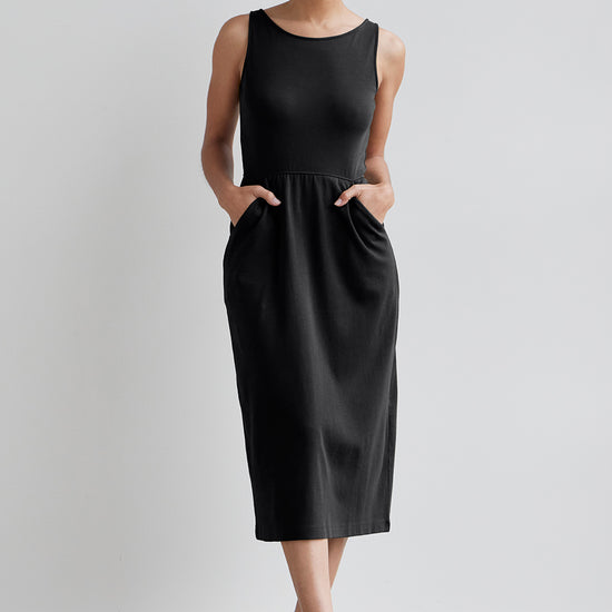 womens 100% organic cotton sleeveless midi dress with pockets - black - fair indigo fair trade ethically made