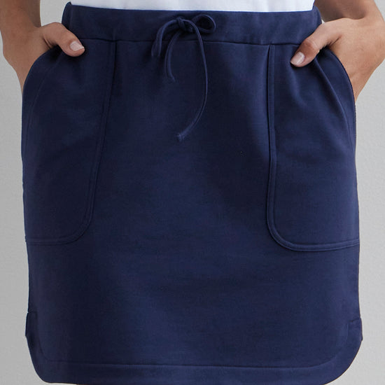 organic cotton french terry mini skirt with pockets - navy blue - fair indigo -fair trade - ethically made