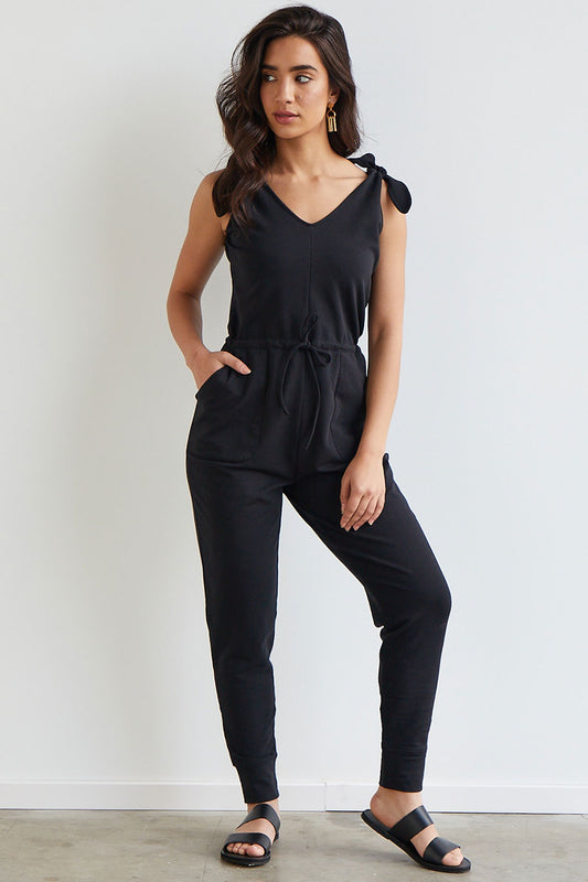 womens organic french terry jumpsuit - black - fair indigo fair trade ethically made